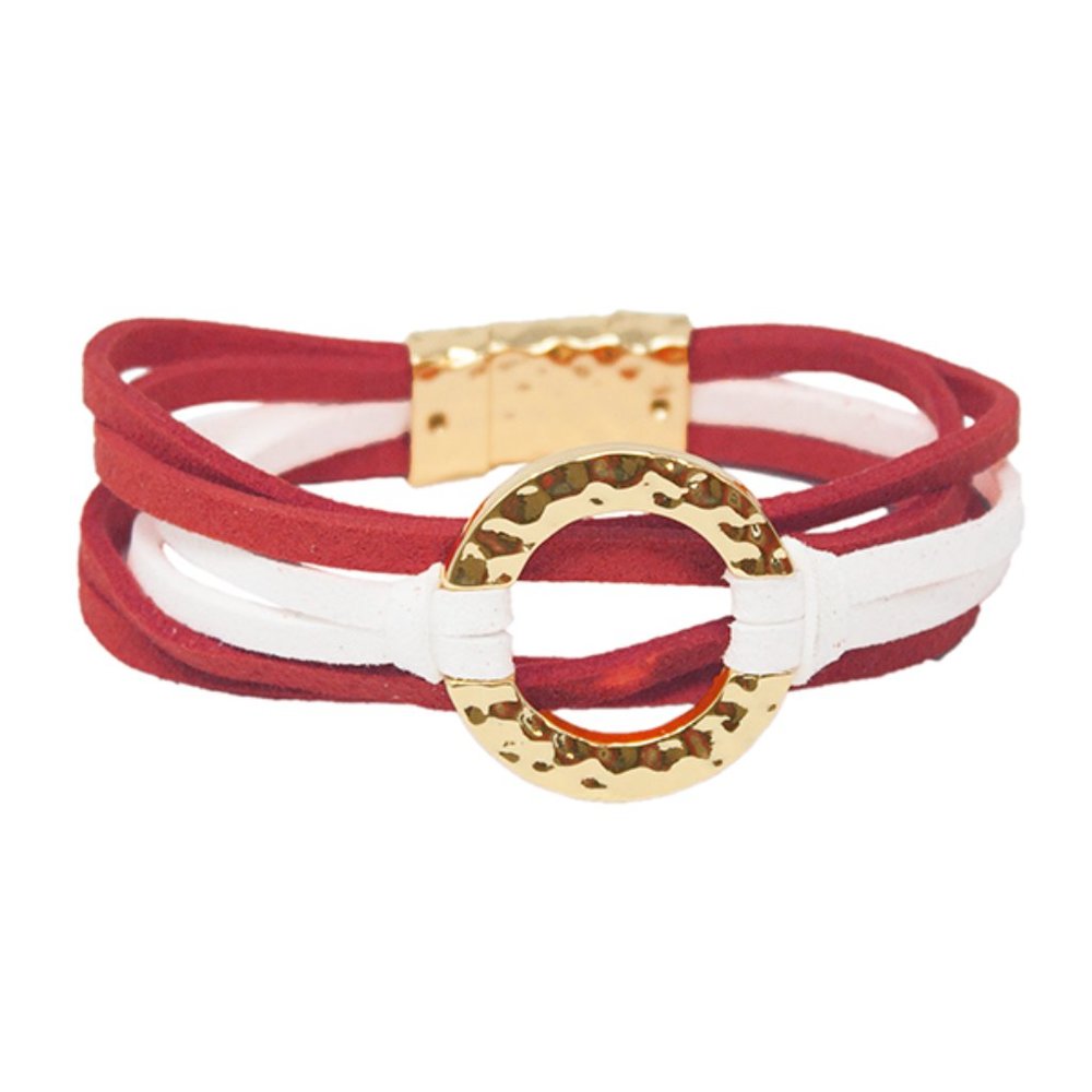 Red and White Hammered Circle & Suede Bracelet